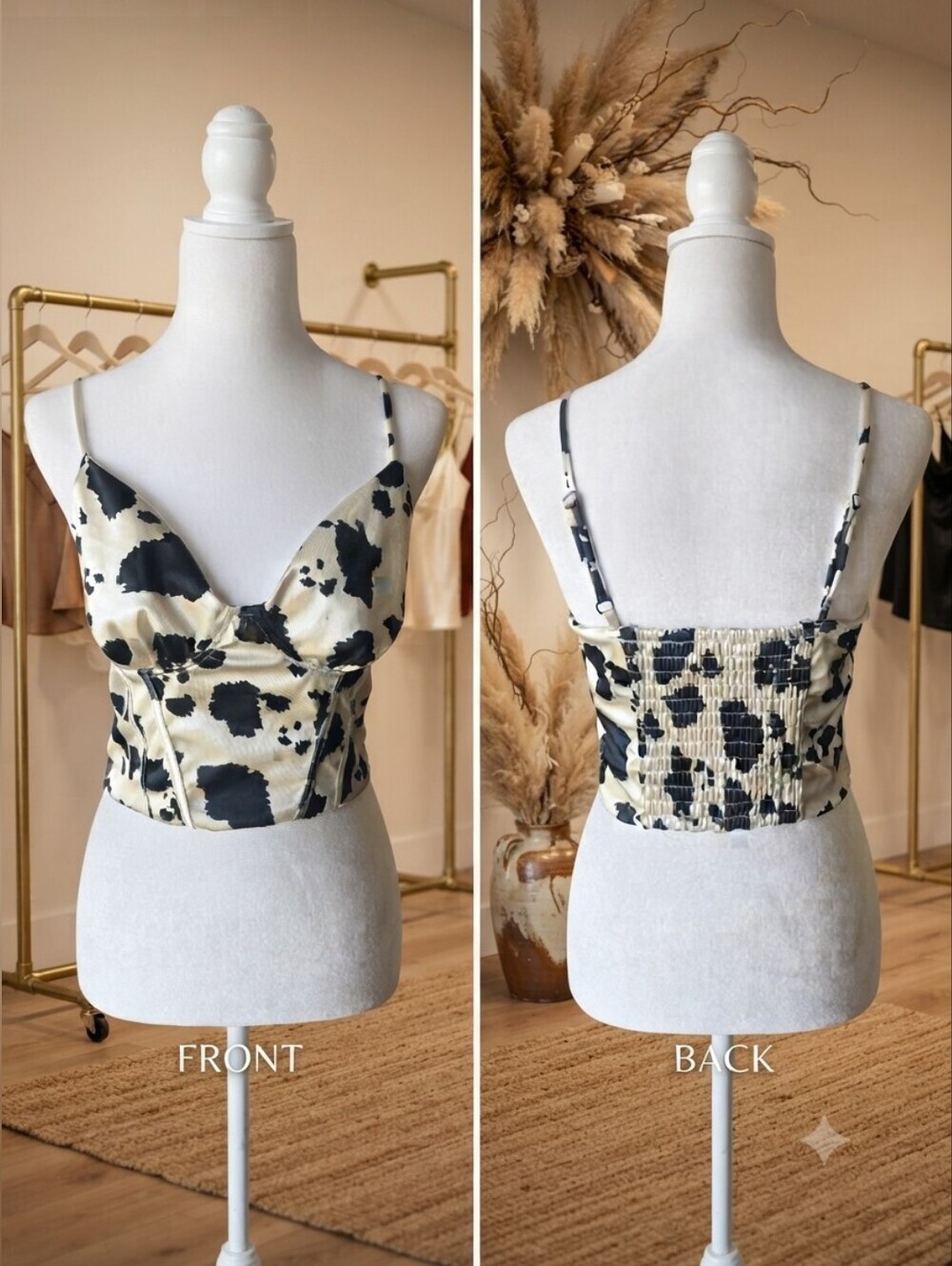 Thirty/Thirty L. A. Satin Bustier Crop Top - Cream & Black Y2K Animal Print